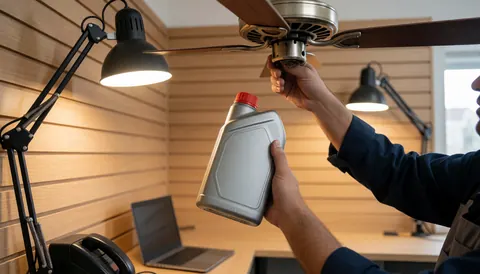 Un technicien professionnel applique de l'huile sur le moteur d'un ventilateur de plafond, éclairé par des lampes de travail dans un intérieur aux murs en bois.