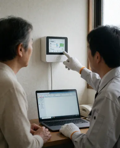 Un plombier pointe un détecteur de fuites fixé au mur tandis qu'un client observe attentivement depuis un bureau avec un ordinateur portable.