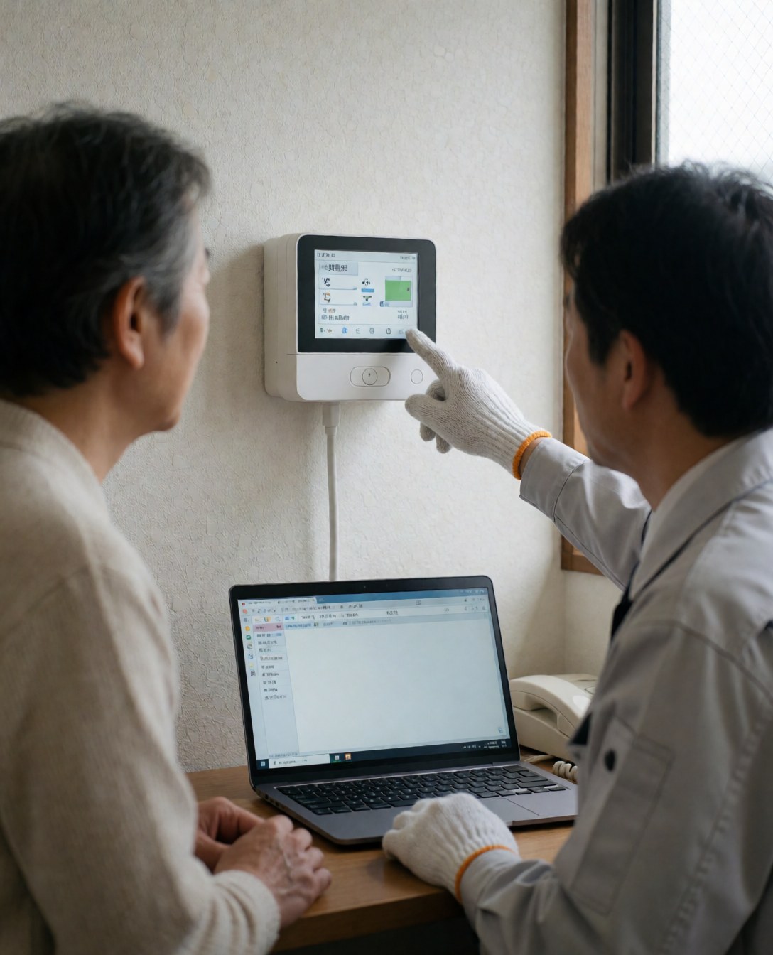 Un plombier pointe un détecteur de fuites fixé au mur tandis qu'un client observe attentivement depuis un bureau avec un ordinateur portable.