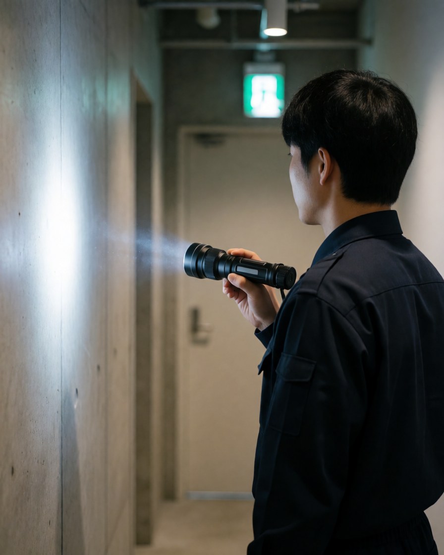Un agent de sécurité examine un mur en béton dans un couloir commercial, éclairé par un signal de sortie de secours.