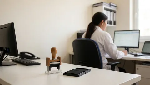 Bureau de bureau avec un tampon en caoutchouc et un ordinateur, une personne travaillant en arrière-plan, idéal pour les services administratifs.