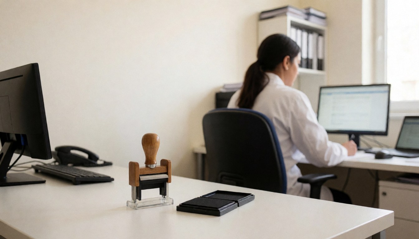Bureau de bureau avec un tampon en caoutchouc et un ordinateur, une personne travaillant en arrière-plan, idéal pour les services administratifs.