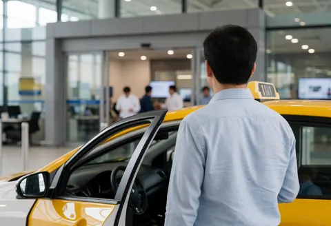 Un voyageur monte dans un taxi jaune à la terminal avec la porte ouverte et l'intérieur visible.