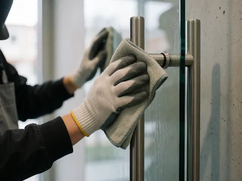 Des mains portant des gants nettoient une poignée de métal avec un chiffon en microfibre, sur un mur en béton avec des gouttes d'eau, illustrant un service de nettoyage professionnel.