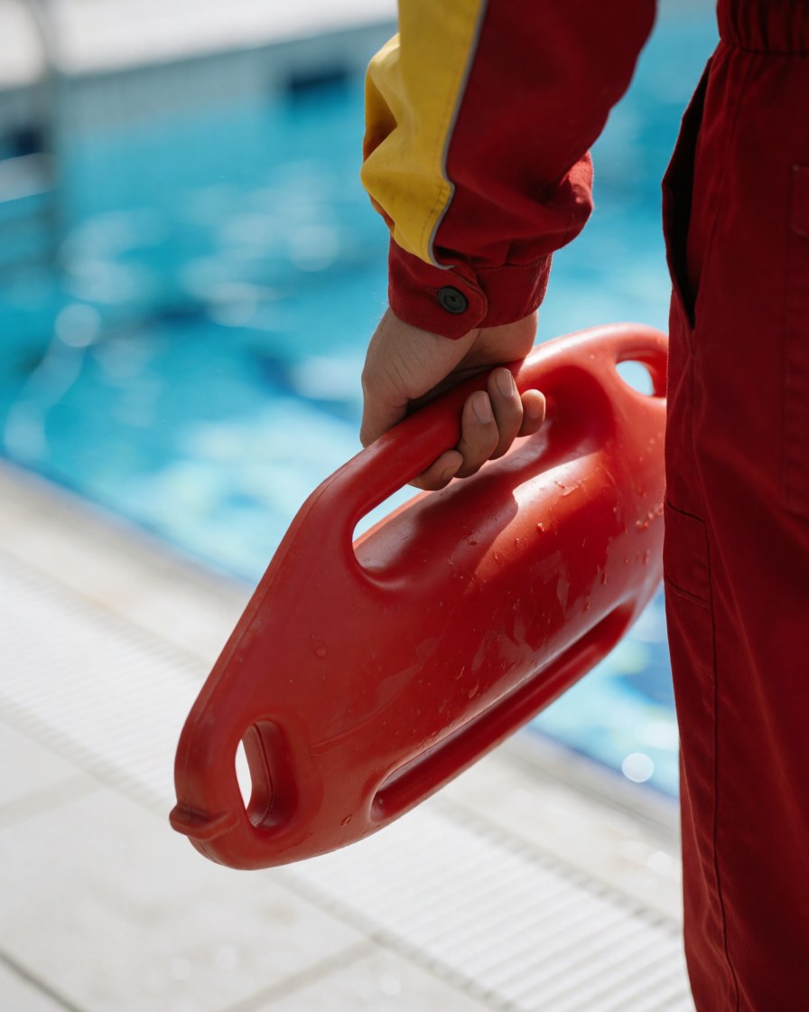 Une main tenant une bouée de sauvetage rouge, symbole de sécurité, à proximité d'une piscine avec de l'eau bleue et des carreaux blancs.