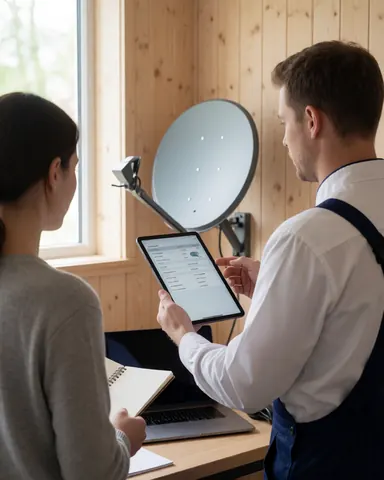Technicien en antennes présentant des données sur une tablette à un client qui prend des notes, avec une antenne satellite visible sur un mur en bois.