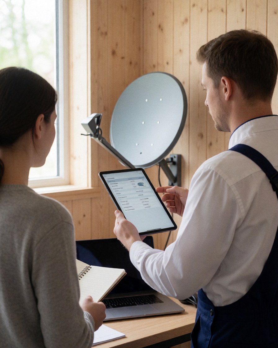 Technicien en antennes présentant des données sur une tablette à un client qui prend des notes, avec une antenne satellite visible sur un mur en bois.
