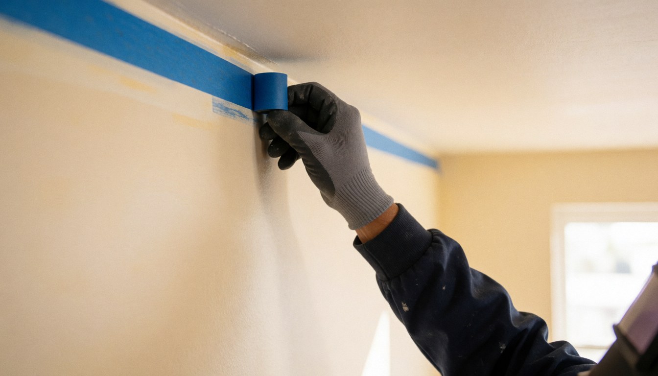 Une main gantée de gris applique du ruban bleu sur un mur blanc, préparant la surface pour une peinture professionnelle sous un éclairage chaleureux.