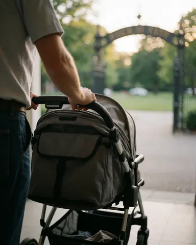 Une personne pousse une poussette avec capote vers l'entrée d'un parc, sous une porte arquée, baignée par la lumière chaude du coucher de soleil.