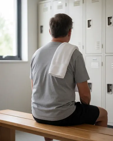 Entraîneur de football assis sur un banc dans le vestiaire, une serviette sur l'épaule, devant des casiers, avec une lumière naturelle.