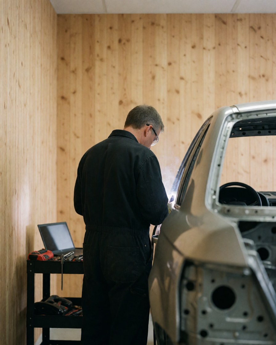 Un technicien recycleur de véhicules soude la structure métallique d'une carrosserie démontée dans un atelier.
