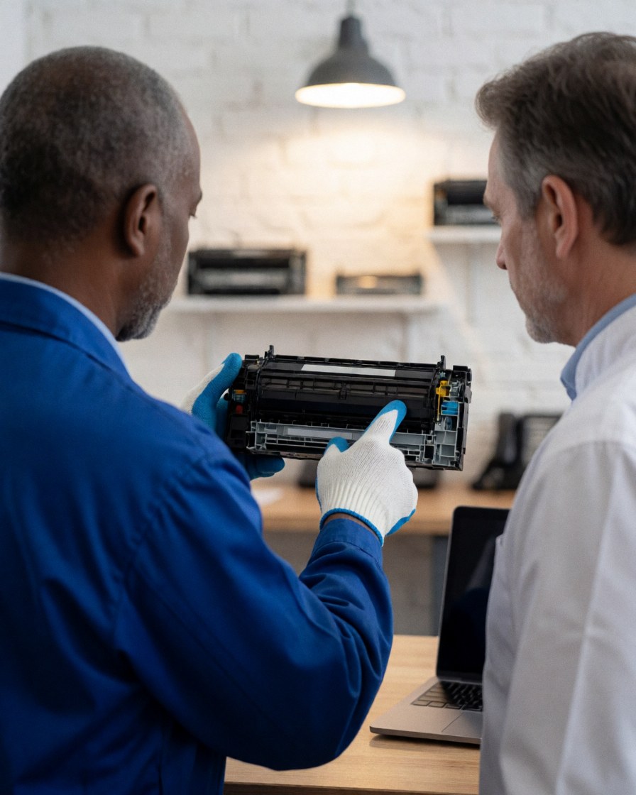Un technicien en uniforme bleu présente une cartouche d'imprimante démontée à un client dans un atelier aux murs de briques blanches et à la lumière chaude.