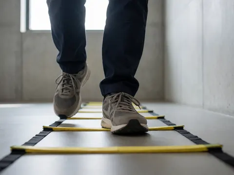 Pieds d'un adulte en baskets effectuant un exercice d'agilité sur une échelle jaune dans un gymnase aux murs en béton avec lumière naturelle.