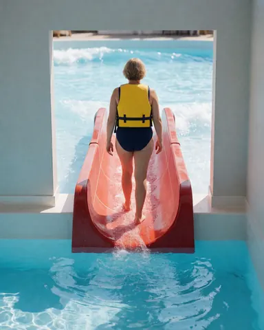 Dos d'une personne en maillot bleu et gilet jaune, debout au sommet d'un toboggan rouge incurvé menant à une piscine à vagues ensoleillée.