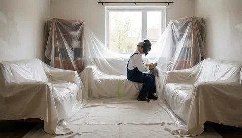Un homme avec un casque de soudeur travaille dans une pièce où les meubles sont protégés et les murs prêts à être réparés, avec de la lumière naturelle entrant par la fenêtre.