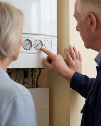 Technicien chauffage pointe un manomètre sur une chaudière blanche pendant qu'un client observe attentivement dans un intérieur professionnel.