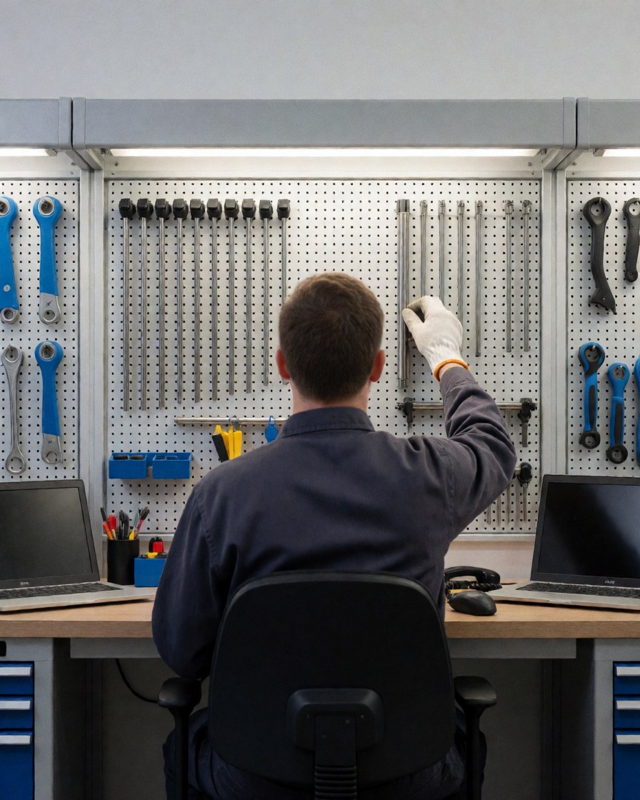 Un technicien en carrosserie organise ses outils dans un atelier ordonné avec un mur à alvéoles et des ordinateurs portables.