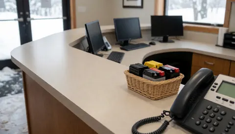 Comptoir de réception d'un refuge avec un panier de batteries, un téléphone et des ordinateurs, avec de la neige visible à l'extérieur.