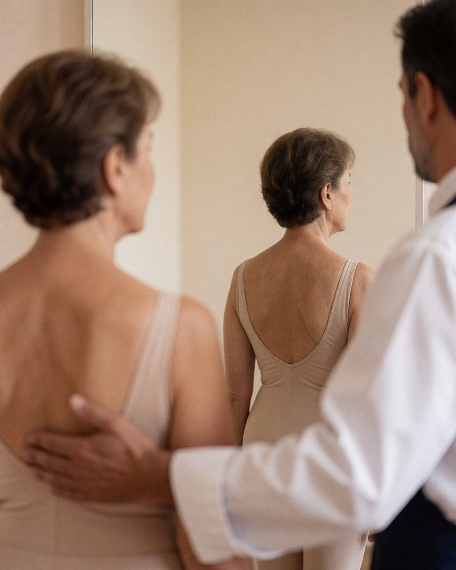 Un professeur de danse guide une femme en leotard pour corriger sa posture devant un miroir dans un studio aux murs beige.