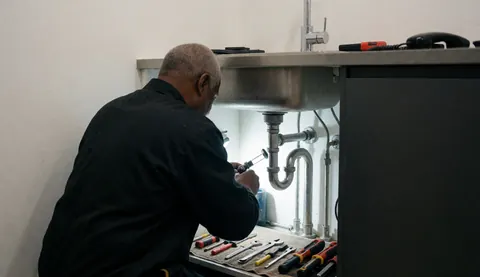 Plombier travaillant sous un évier commercial avec des tuyaux en acier inoxydable et des outils posés sur une serviette, dans un éclairage lumineux.