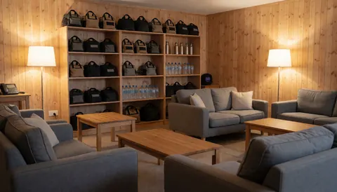 Intérieur d'une salle d'escalade moderne avec canapés gris, tables en bois et étagères contenant des sacs de magnésie et des bouteilles d'eau.