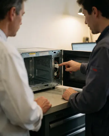 Technicien pointant un fusible neuf dans un micro-ondes ouvert pendant qu'un client observe dans un atelier bien éclairé.