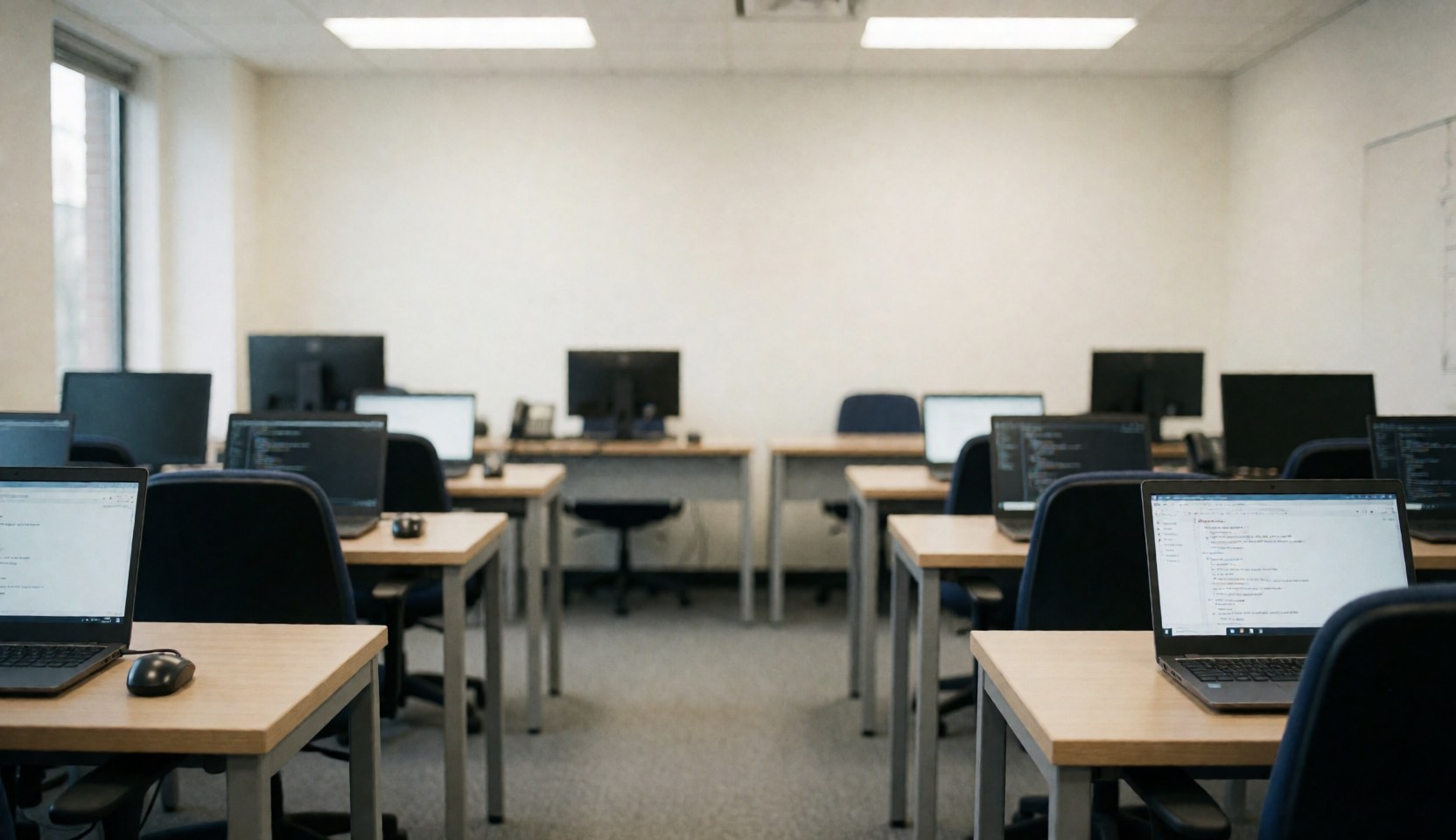 Salle de programmation moderne avec rangées de bureaux et ordinateurs portables allumés affichant du code, fond neutre et lumineux pour textes.