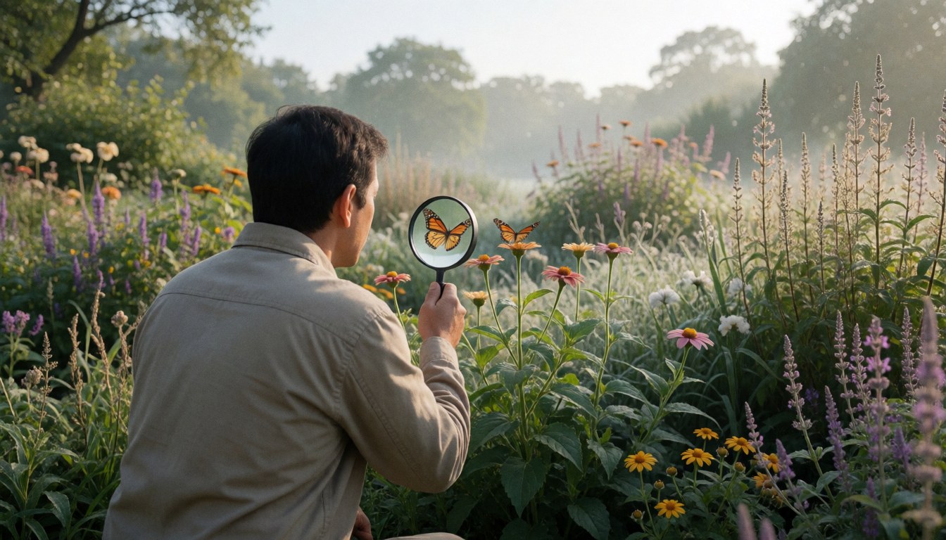 Un homme examine une mariposa à l'aide d'une loupe dans un parc écologique rempli de fleurs et de végétation native sous une lumière matinale douce.