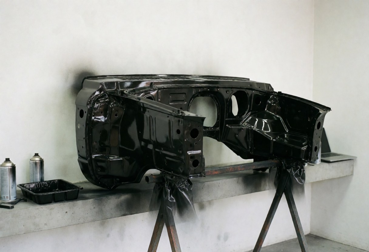 Châssis de carrosserie automobile peint en noir brillant sur support métallique en atelier, accompagné de sprays et d'une palette de peinture.