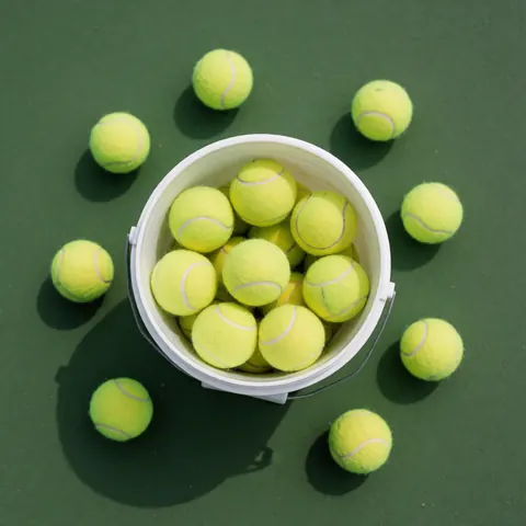 Seau blanc rempli de balles de tennis jaunes posé sur une surface verte, idéal pour des cours de tennis en groupe.