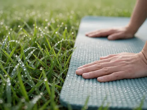 Gros plan de mains sur un tapis de yoga posé sur l'herbe humide, évoquant la détente et le bien-être en extérieur.