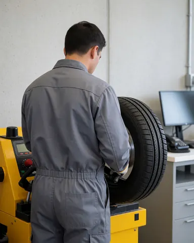 Technicien de réparation de pneus ajustant un pneu sur une machine d'équilibrage jaune dans un atelier propre aux murs en béton.