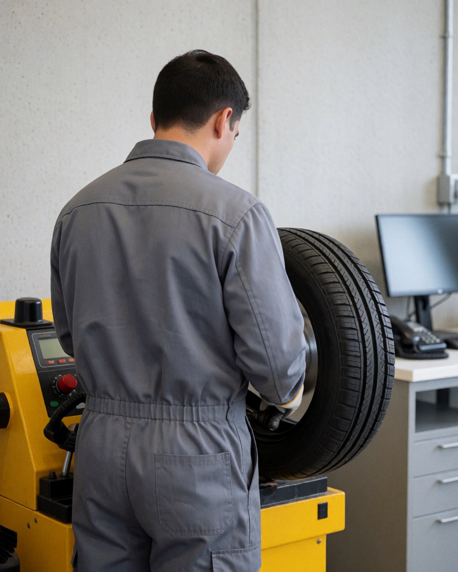 Technicien de réparation de pneus ajustant un pneu sur une machine d'équilibrage jaune dans un atelier propre aux murs en béton.