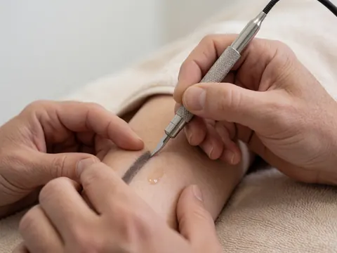 Un microblading applique un trait sombre sur la peau avec une goutte de pommade, sur une serviette beige dans un salon de beauté.