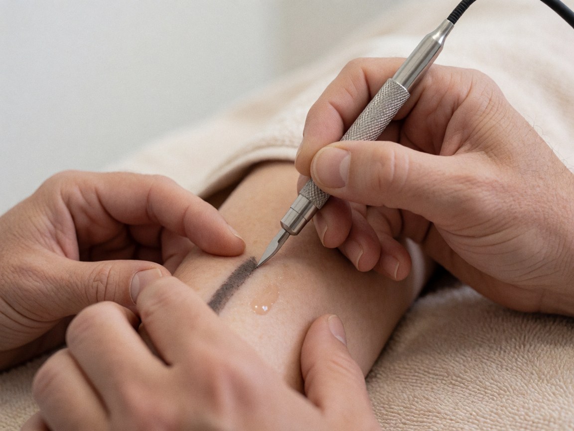 Un microblading applique un trait sombre sur la peau avec une goutte de pommade, sur une serviette beige dans un salon de beauté.