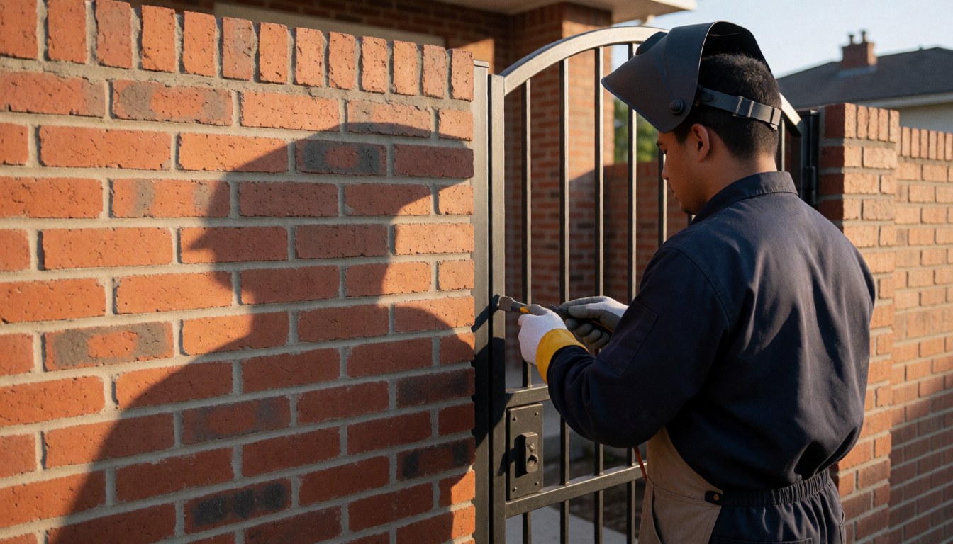 Un soudeur travaille sur une porte métallique près d'un mur en briques, avec des outils et un équipement de protection visibles.