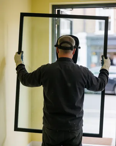 Un professionnel en casque et gants installe un vitrage sur une fenêtre à encadrement jaune dans un intérieur.
