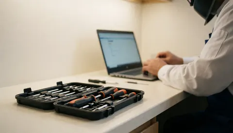 Un technicien répare un ordinateur portable avec un kit de tournevis organisé sur une table propre, devant des murs blancs chauds.