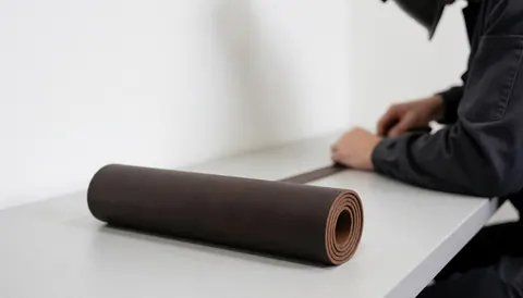 Rouleau de cuir marron posé sur une table blanche, mains effectuant une réparation de montre, fond blanc, ambiance professionnelle.