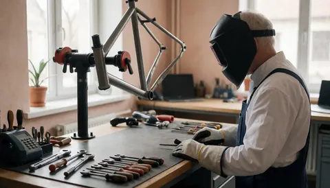 Un technicien répare un cadre de vélo dans un atelier lumineux avec des outils rangés sur une table et des murs clairs.
