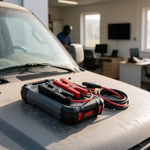 Un booster de démarrage avec des pinces rouges et noires posé sur le capot d'un camion dans un atelier de réparation de batteries.