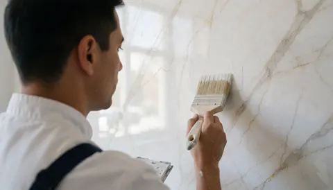 Peintre professionnel applique un glacis effet marbre sur un mur avec un pinceau, profitant de la lumière naturelle pour un fini brillant.
