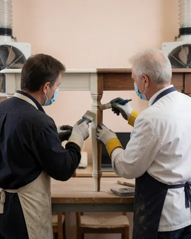 Deux restaurateurs portant masques et gants appliquent de la peinture sur des pieds de table en bois dans un atelier équipé de ventilateurs d'extraction.
