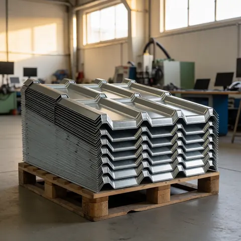 Tuiles galvanisées à bords interconnectables empilées sur une palette en bois dans un atelier industriel éclairé par la lumière naturelle.