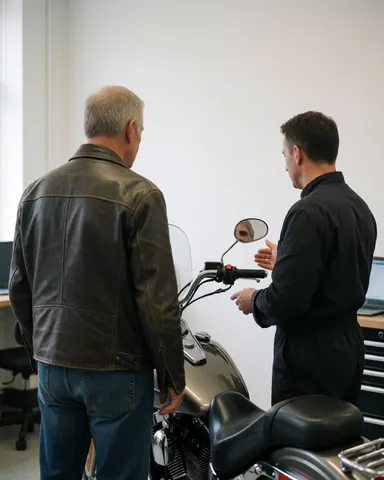 Un mécanicien montre des rétroviseurs chromés à un client dans un atelier propre aux murs blancs, autour d'une moto grise.