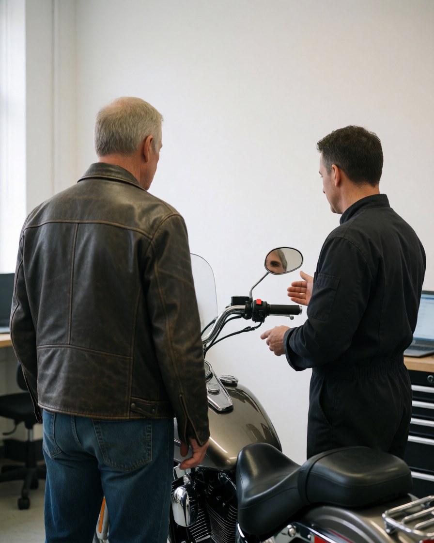Un mécanicien montre des rétroviseurs chromés à un client dans un atelier propre aux murs blancs, autour d'une moto grise.