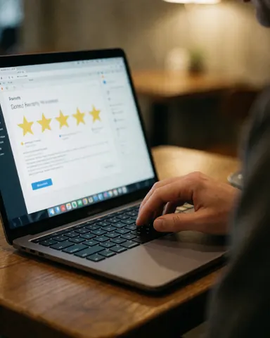 Une main saisit un avis de cinq étoiles sur le clavier d'un ordinateur portable posé sur une table en bois, écran visible.