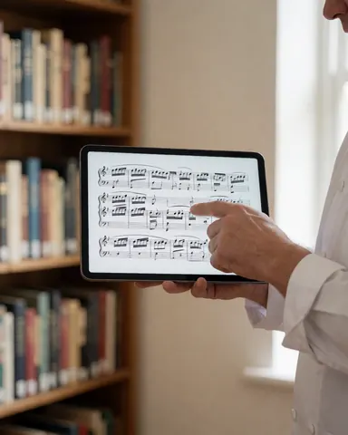 Un professionnel de la musique enseignant avec une tablette dans une bibliothèque, montrant une partition musicale à l'écran, avec des étagères de livres en arrière-plan.