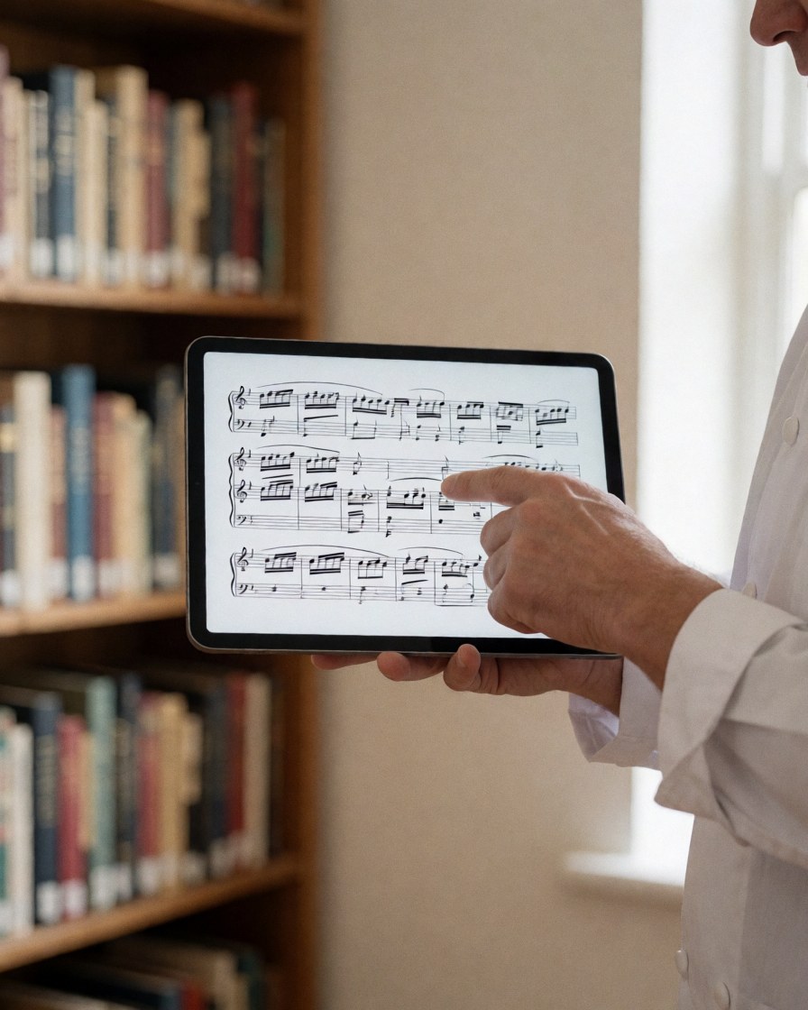 Un professionnel de la musique enseignant avec une tablette dans une bibliothèque, montrant une partition musicale à l'écran, avec des étagères de livres en arrière-plan.