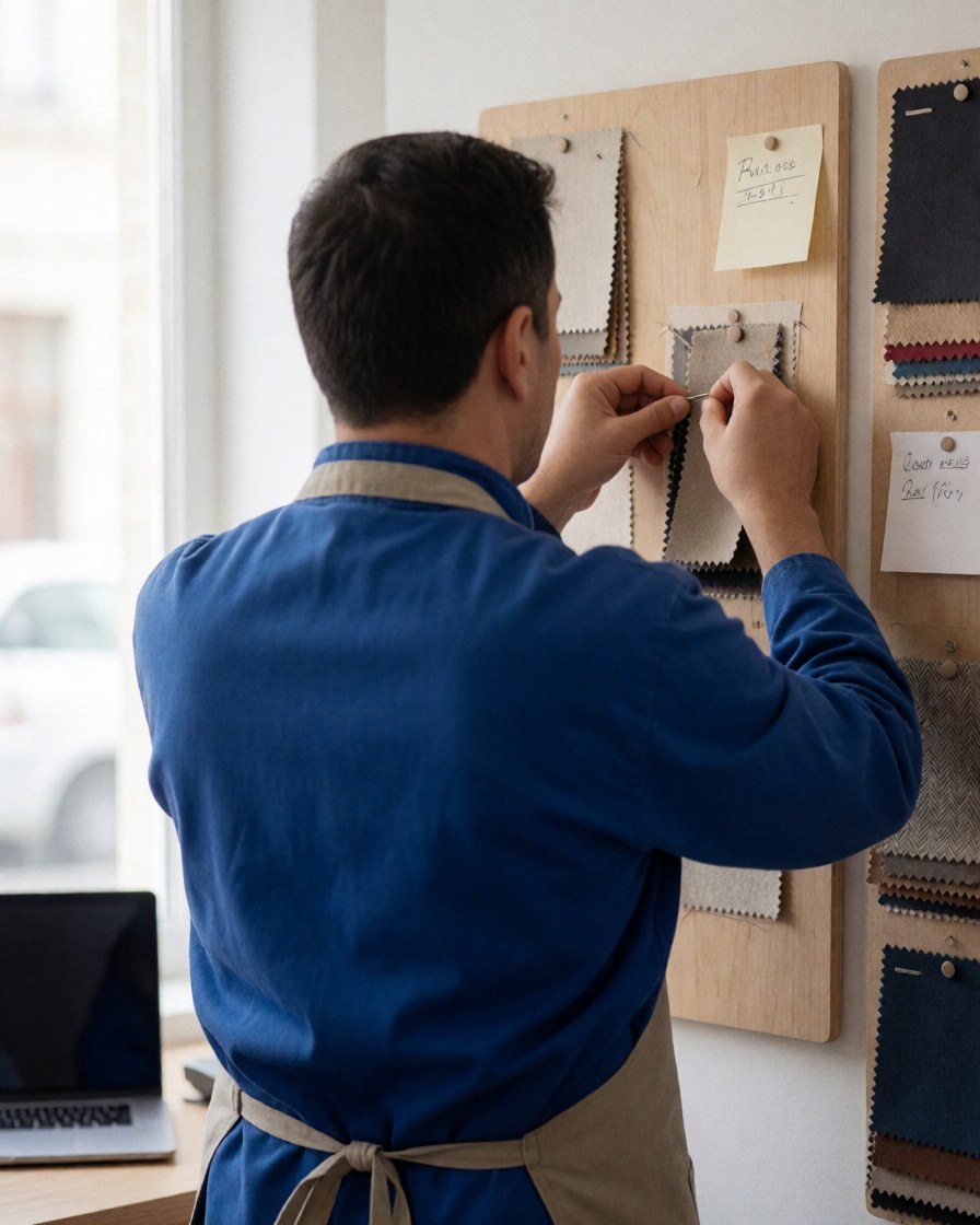Un artisan fixe des échantillons de tissu sur un tableau avec des notes, dans un atelier bien éclairé par la lumière naturelle.